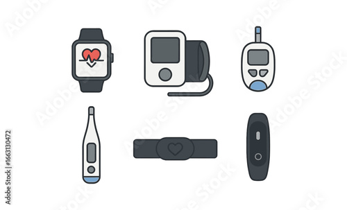 Medical devices icons: blood pressure monitor, thermometer, smartwatch, glucometer