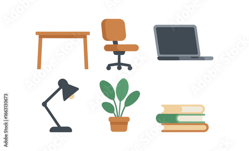 Modern office essentials with neon glow effect: desk, chair, laptop, lamp, plant, and books