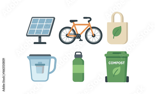 Eco-friendly lifestyle essentials featuring biking, composting, and solar power icons