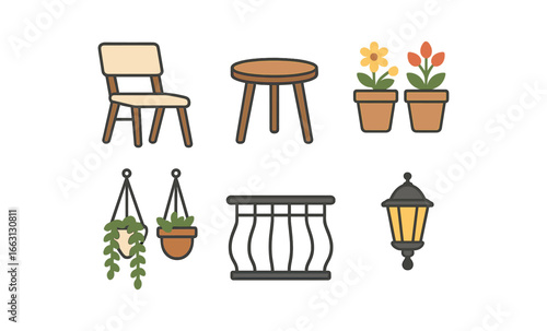 Stylish garden furniture and decor elements on a wooden background