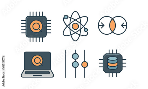 Technology icons: quantum computing and data analysis elements in futuristic design