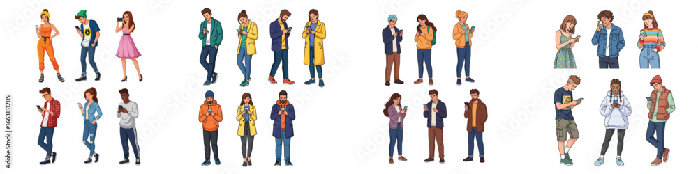 Obraz premium Young People Using Smartphones Set