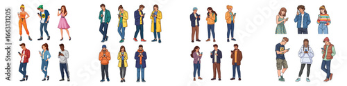 Young People Using Smartphones Set