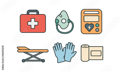 Essential first aid equipment icons in modern flat style