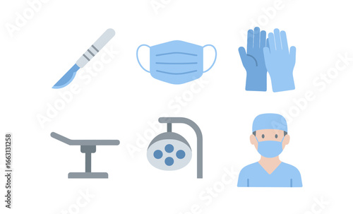 Surgical tools and icons set featuring medical equipment and protective gear in neon glow style