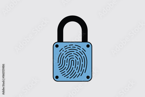 A blue padlock with a fingerprint on its face and a black shackle against a light gray background