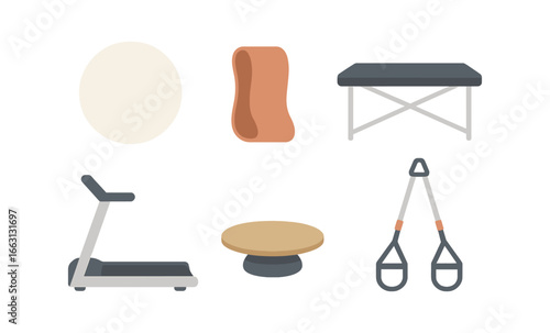 Gym equipment icons: modern neon design with treadmill and yoga mat