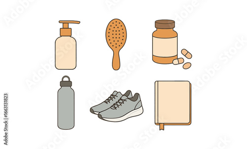Health routine essentials: bottle, brush, vitamins, sneakers, hydration, journal