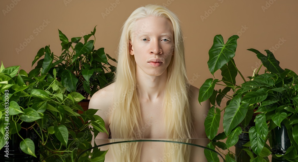 Fototapeta premium Albino Man with Long Blond Hair Posing with Plants, Isolated on Brown Background