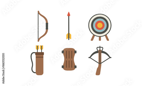 Flat design archery collection: bow, arrow, target, quiver, crossbow