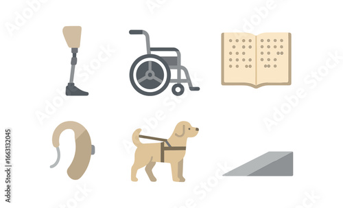 Accessibility icons set: prosthetic, wheelchair, braille, hearing aid, service dog, ramp