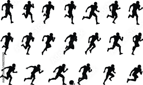 Wallpaper Mural Football player running silhouettes, dynamic motion sequence, athletic sprint poses, sports vector illustration, fumble moment, training movement, competitive action, black graphic design Torontodigital.ca
