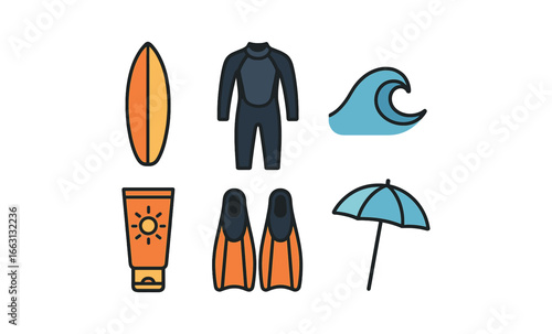Summer water sport essentials featuring surfboard and wetsuit in neon style