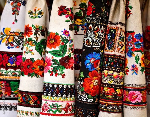 Colorful Embroidered Fabric with Traditional Hungarian Folk Art Patterns