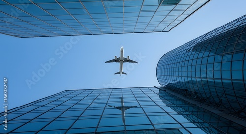 Airplane Flying Over City Buildings, Isolated on Blue Background