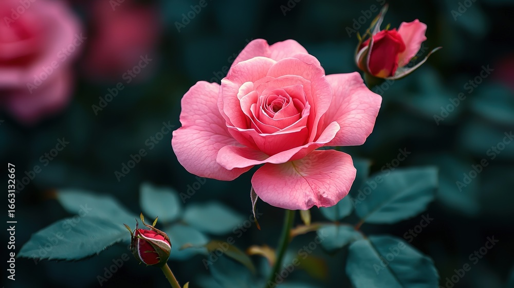 Obraz premium Macro Pink Rose in Garden with Shallow Depth of Field, Blurred Foliage Background and Copy Space 