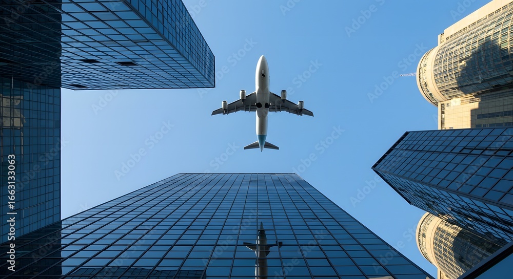 Fototapeta premium Airplane Flying Over City Buildings, Low Angle View with Blue Sky