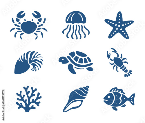 Set of cute sea animals icons in vector line style. Includes crab, turtle, jellyfish, fish and starfish. Perfect for infographics, websites, kids cards or stickers.