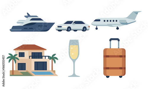 Luxurious travel and lifestyle icons collection featuring yacht, car, jet, villa, champagne, luggage