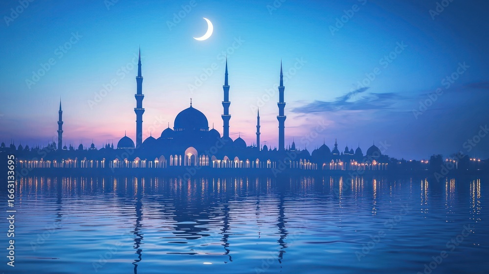 Naklejka premium Mosque silhouette, crescent moon, night, water reflection, Eid celebration