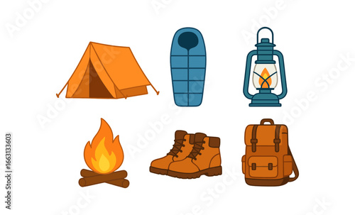 Essential camping gear: tent, sleeping bag, lantern, campfire, boots, backpack