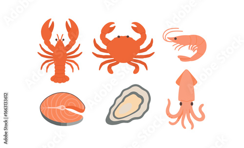 Seafood variety: lobster, crab, salmon, shrimp, oyster, squid in flat style