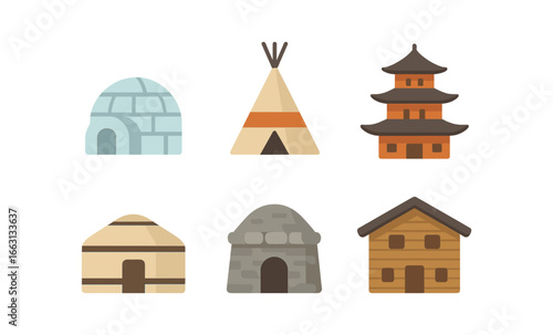 Glowing traditional houses: igloo, teepee, pagoda, yurt, hut, cabin in soft focus