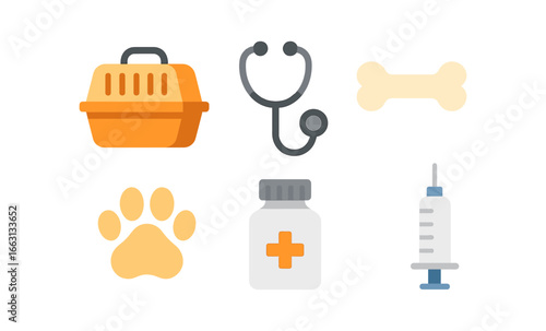 Glowing neon pet care icons: carrier, stethoscope, bone, paw print, medicine bottle, syringe