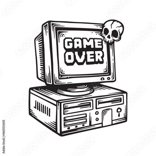 Game Over message with skull on retro computer monitor screen. Vintage PC gaming failure concept, old desktop vector illustration.
