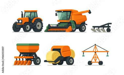 Modern agricultural equipment in flat design with vibrant colors