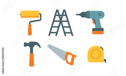 Glowing neon tools with gradient background: hammer, drill, saw, tape measure, roller, ladder