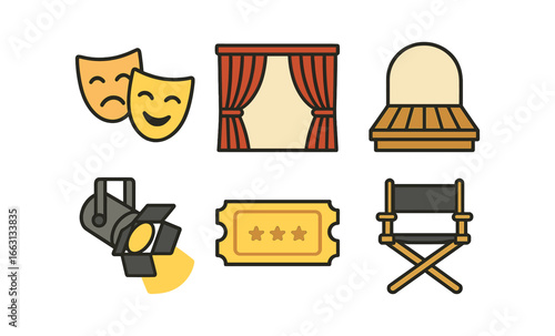 Theater elements in modern gradient style featuring masks, stage, and spotlight