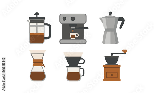 Flat design coffee makers collection featuring french press, espresso machine, and moka pot