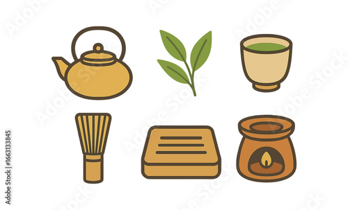 Traditional japanese tea ceremony icons on wooden background