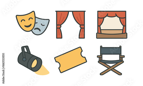 Theater icons: comedy tragedy masks, curtains, stage elements, spotlight, ticket, director chair