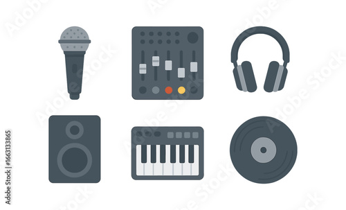 Flat music equipment icons: microphone, mixer, headphones, speaker, keyboard, record player