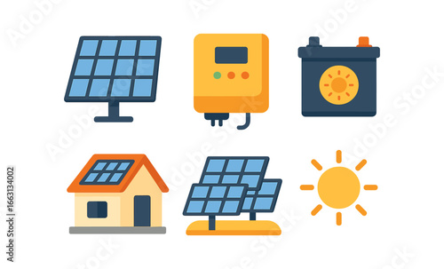 Renewable energy icons featuring solar panels and home power system