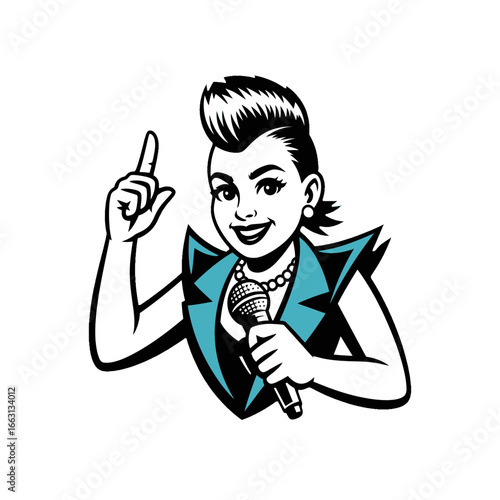 Energetic retro singer with microphone and upraised finger inspiring crowd performance white background