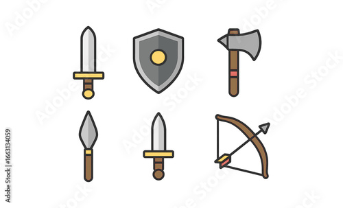 Medieval weapon icons: swords, shields, axes, and bows in flat design