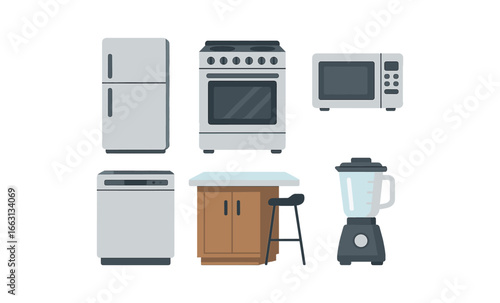 Modern kitchen appliances displayed in stylish flat design