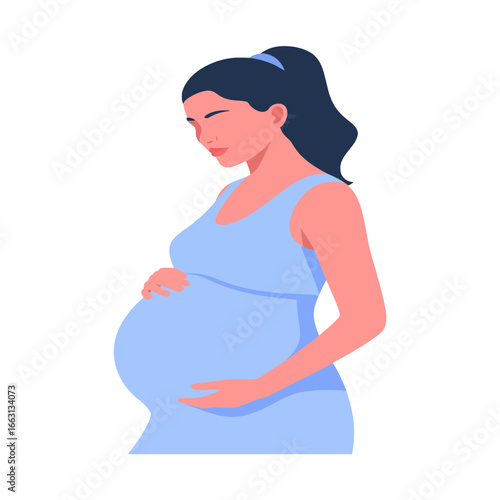 Serene pregnant woman holding belly gentle pose peaceful expectant motherhood healthcare lifestyle family new life concept white background