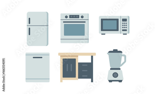 Modern kitchen appliance set featuring microwave, blender, refrigerator, dishwasher, oven, cabinet in gradient style