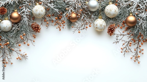 Festive winter ornaments border; holiday card design