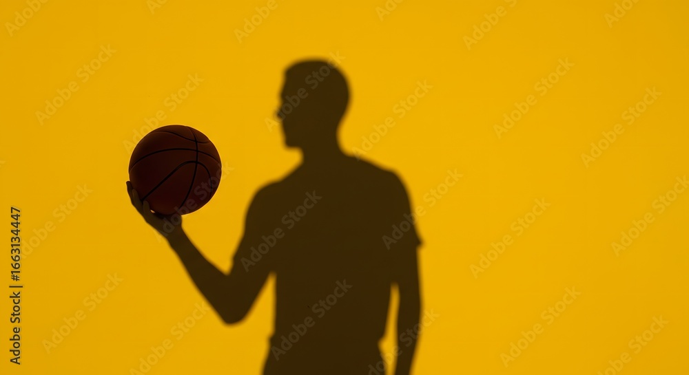 Fototapeta premium Basketball Player Shadow Holding Ball, Isolated on Yellow Background