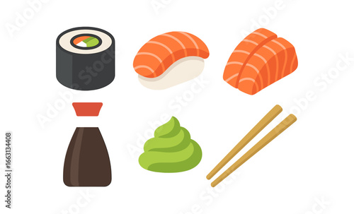 Glowing sushi icons: nigiri, maki, and wasabi in vibrant isometric style