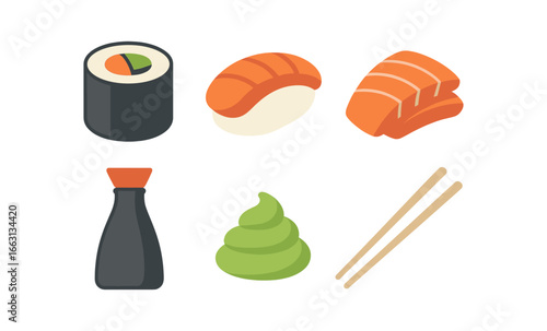 Glowing sushi icons: flat design assortment with chopsticks and soy sauce