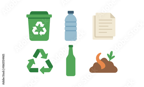 Eco-friendly waste management icons: recycling, composting, plastic reduction