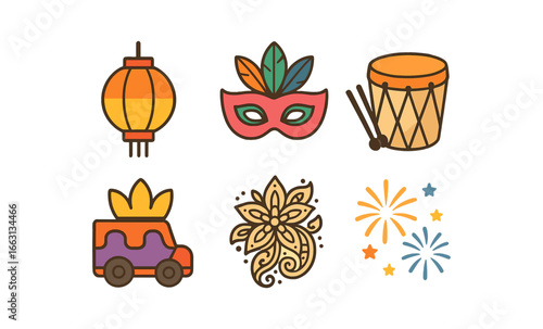 Colorful festival symbols with lantern, mask, drum, and fireworks on rustic background
