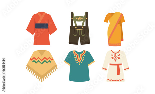 Traditional clothing icons featuring global cultural outfits in flat design