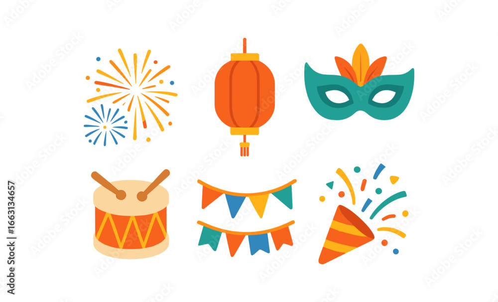 Fototapeta premium Festive celebration elements with neon glow effect: lanterns, drums, masks, fireworks, banners, and confetti